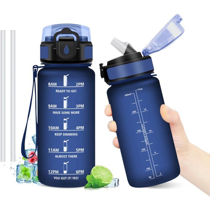Gourde 500ml Bouteille deau de Motivation avec Marqueur de Temps Étanche et Gourde avec Paille sans BPA Bouteille