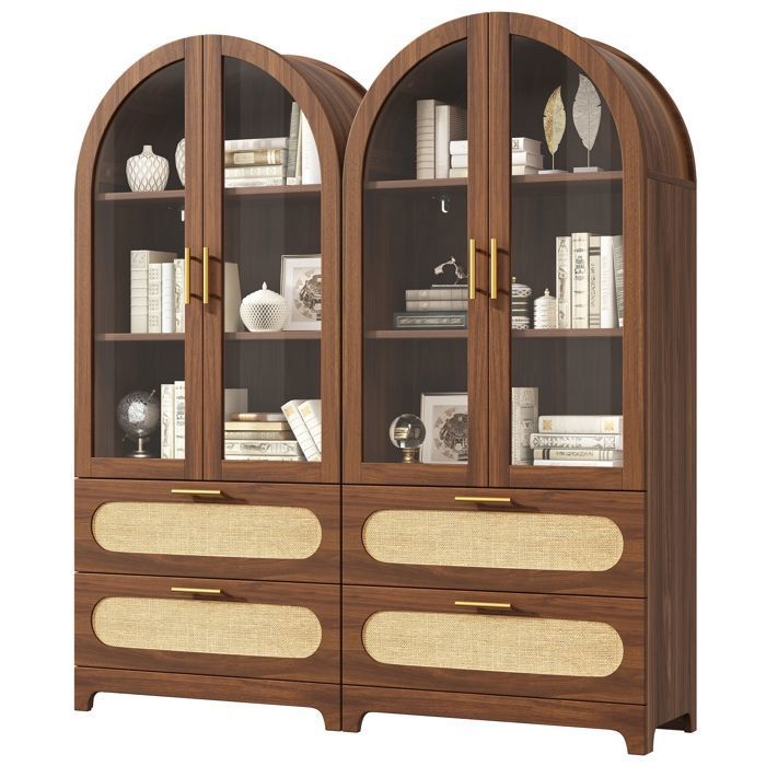 Vitrine avec 2 Portes en Verre 2 tiroirsen Rotin et étagères réglables Bibliothèque Armoire de Rangement noyer 175x80x40 cm x 2