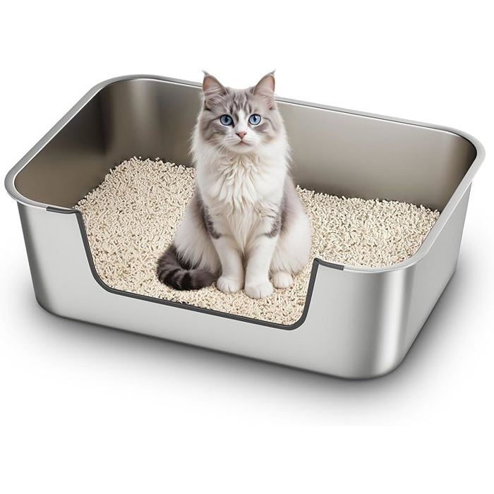 Bac litière inox à bords bas pour chat âgé ou blessé métal XXL 60x40x20 cm