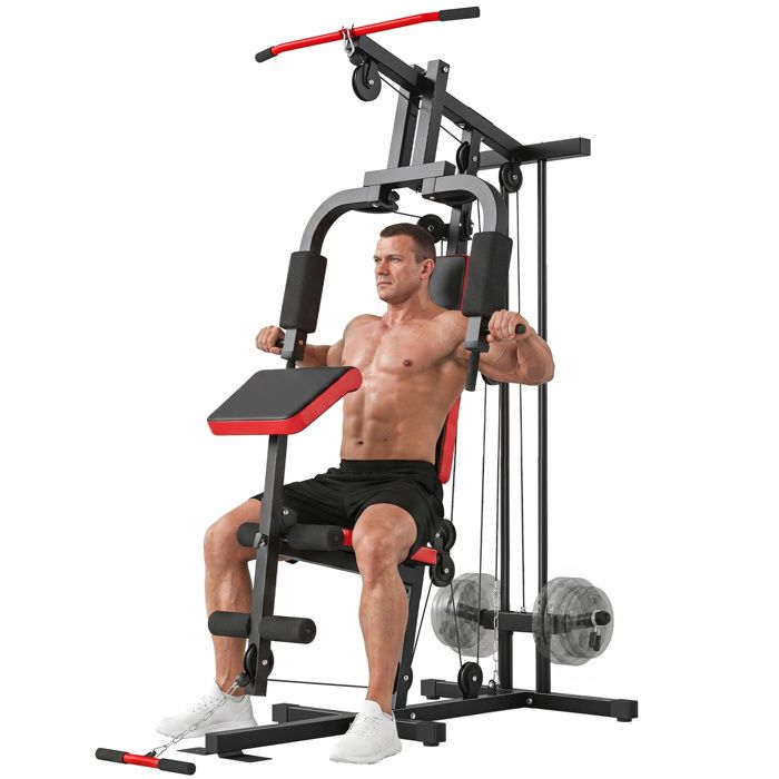 Station de musculation - SPORTNOW - disques libres avec poulie bras papillon banc amovible - acier - 136x107x205cm - noir rouge