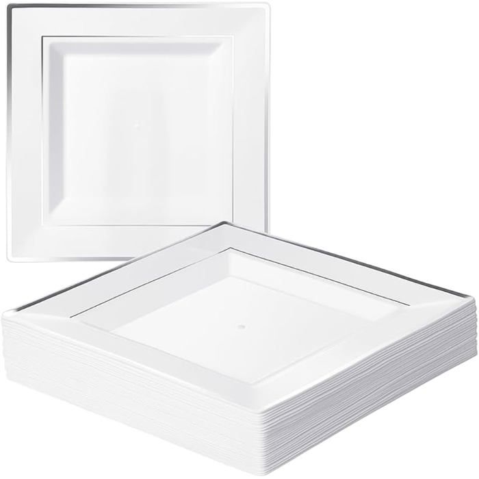 20 Assiettes Carrées en Blanches avec Bord Argenté 24cm - Solides et Assiette 24cm - 20 Pièces Bordure Argentée