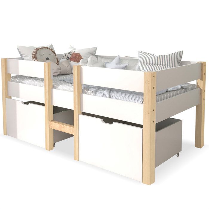 Lit enfant mi-hauteur avec tiroirs – pin blanc et chêne – 90 x 190 cm – sommier à lattes