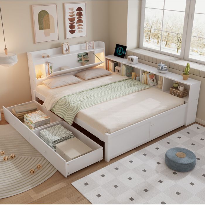 Lit double 140x200 cm blanc avec tete de lit rangement 2 lampes prise de recharge et tiroirs