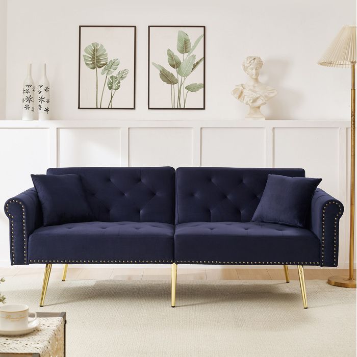Canapé-Lit 2 places 173*75*70 cm convertible dossier réglable 3 positions velours bleu antique pieds métal