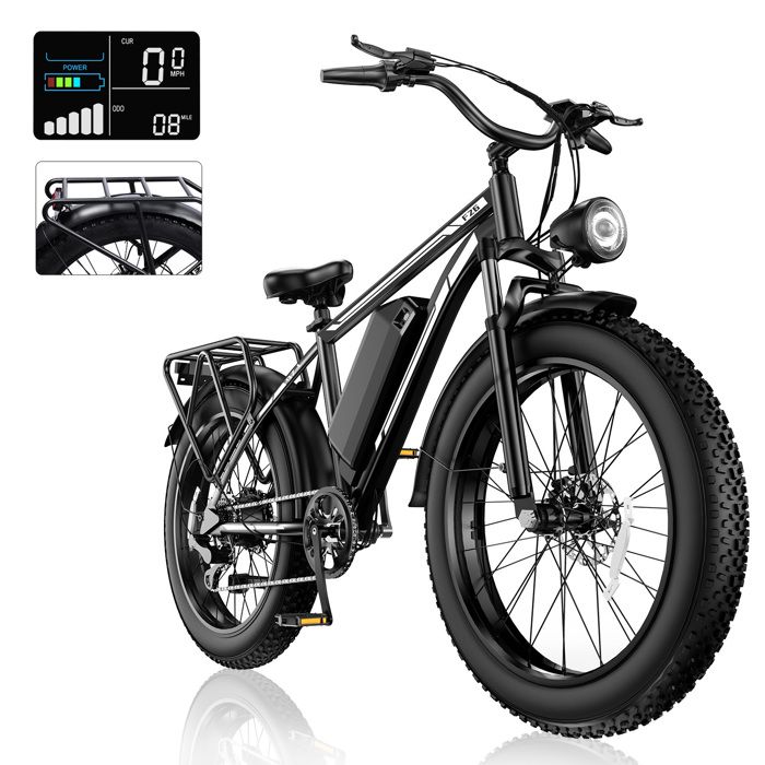 HIQIS Vélo Électrique 1000W-Roues 26*4-Amovible 48V 15AH-Fat bike-Shimano 7 Vite-45KM/H-Vtt électrique Tout Terrain adulte-Noir F26