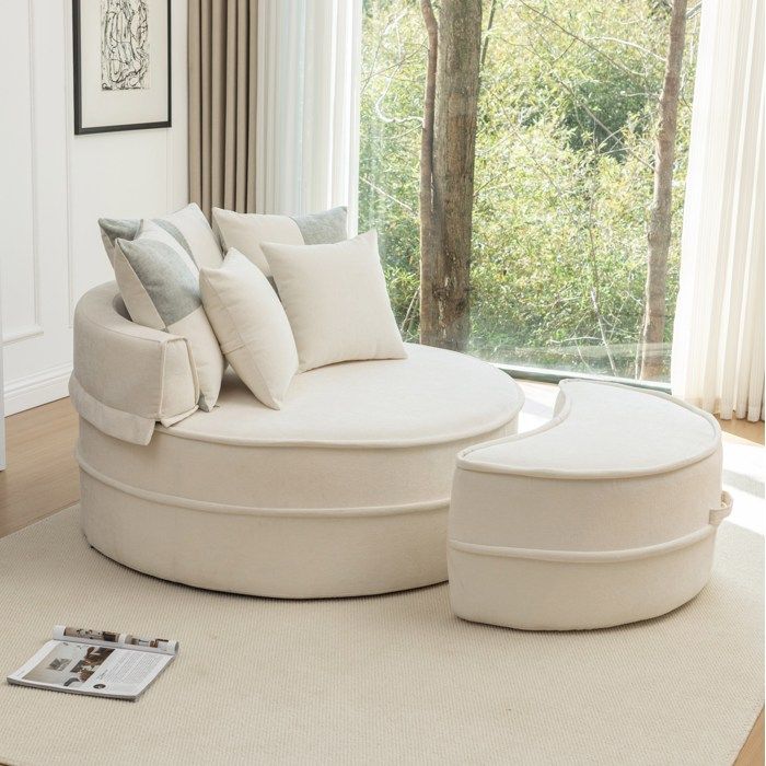 Fauteuil rond 1 place en chenille beige avec ottomane et 5 coussins sans montage pour salon ou chambre