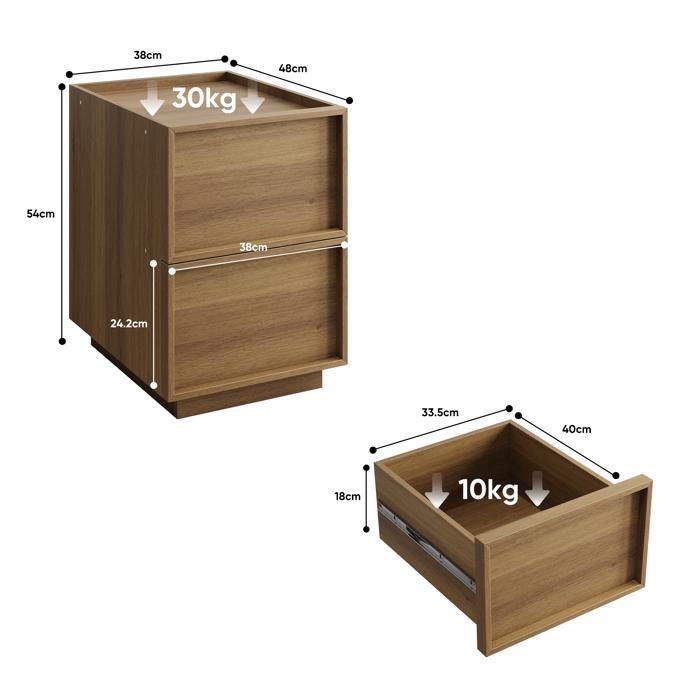 JOINERY Table De Chevet Lot De 2 Rangement 2 Tiroirs Sans Poignée 38 48 54 cm MDF Finition Chêne Pour Chambre