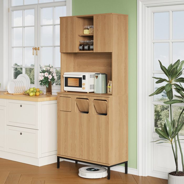 Armoire de cuisine haute 80 x 35 x 181 cm avec tri des déchets 3 compartiments niche micro-ondes MDF naturel