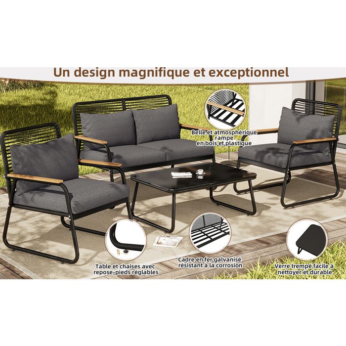 WOVREO salon de jardin bas 4 personnes avec canapé double 2 fauteuils table basse en verre trempé noir
