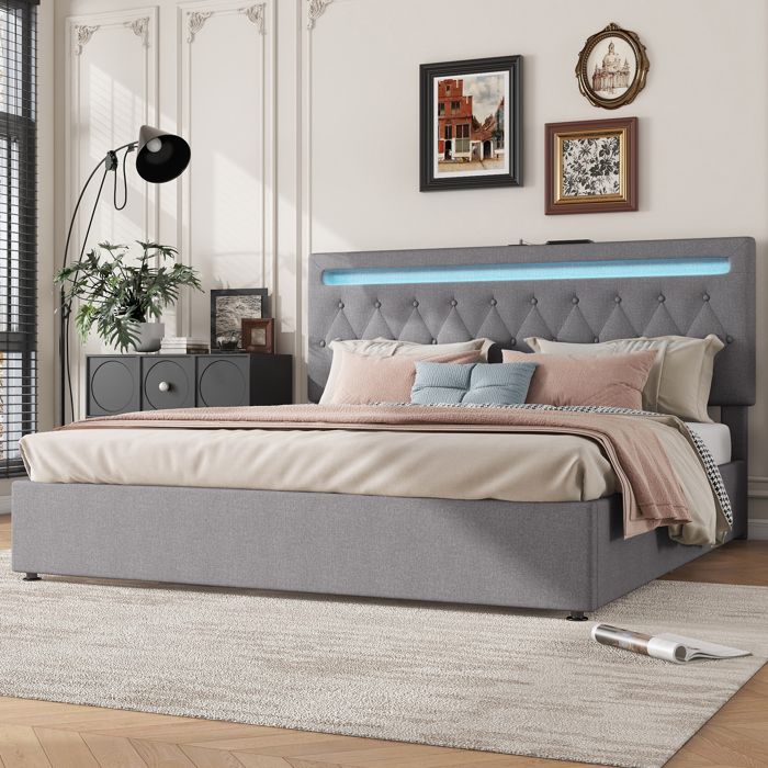 Ensemble lit 180 cm avec coffre hydraulique éclairage LED chargeur USB et sommier gris