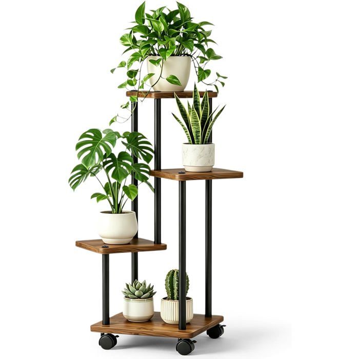 Support Pour Plantes Intérieur4 Niveaux Étagère Pour Plantes À 4 Roues En Métal Et Bois Porte Plante Pour Plusieurs Plantes Suppo