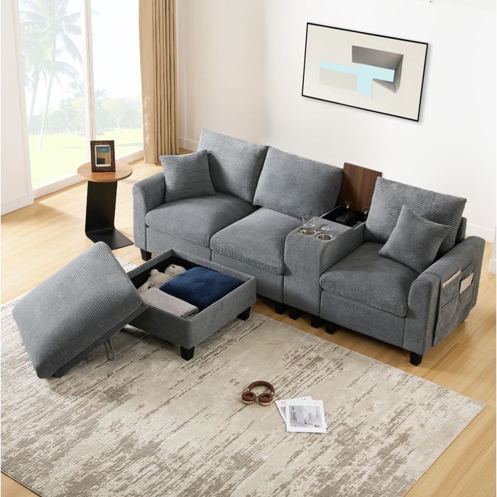 WOVREO Canapé d’angle modulable 4 places en L gris avec console centrale USB 2 porte-gobelets pouf coffre