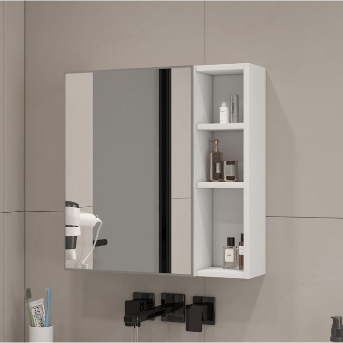 Armoire de Salle de Bain 1 Porte Miroir et 3 Niches Ouvertes - ELVMI - Murale MDF et Verre Blanc 55×13×56 cm