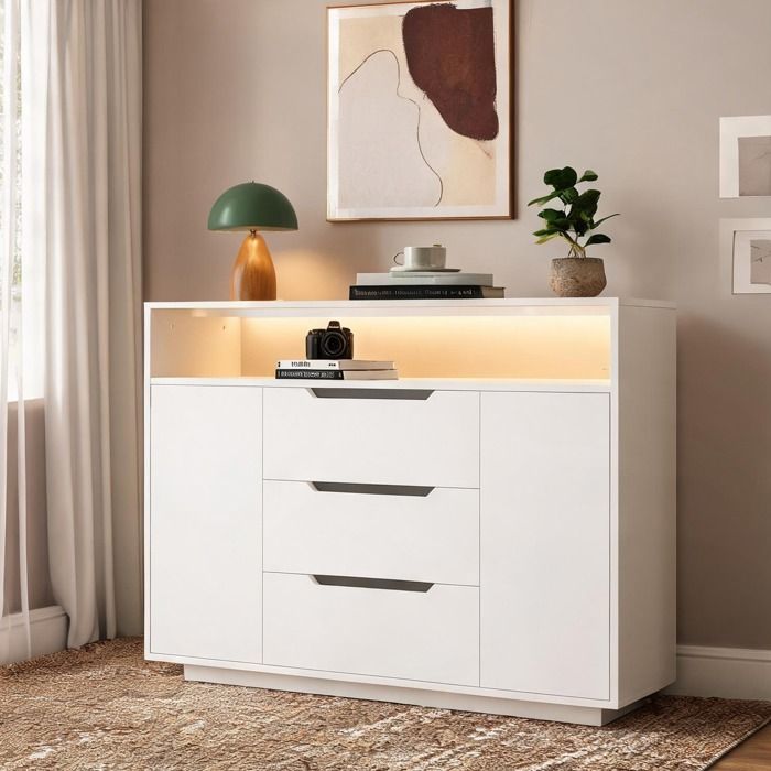 Buffet blanc mat 120 cm en bois dingénierie avec niche trois tiroirs et portes battantes pour salon ou salle à manger