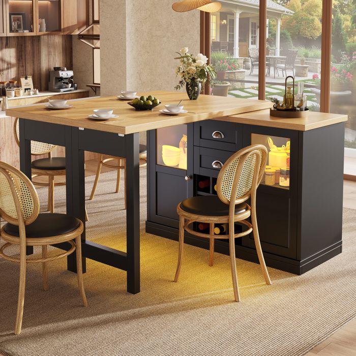 WOVREO Table de cuisine extensible 120-197 cm rotative 360° avec rangement casier à bouteilles LED 3 couleurs noir