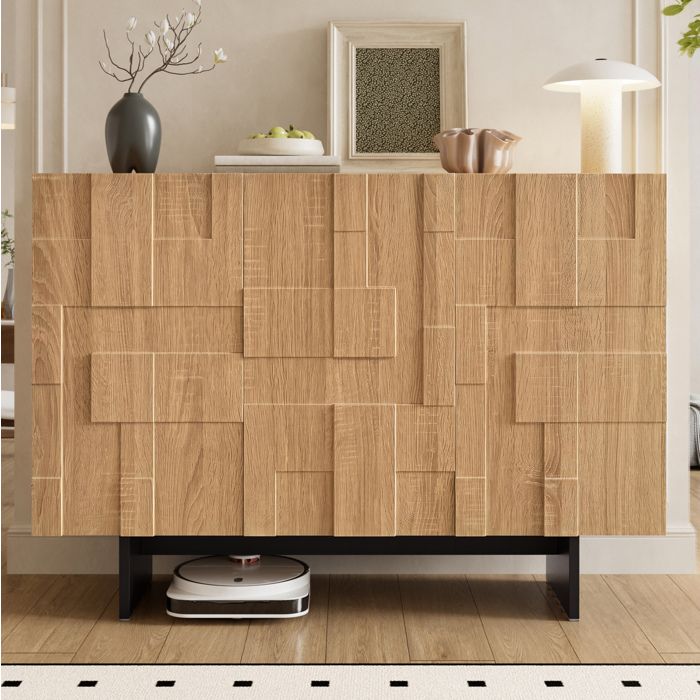 Buffet bas 3 portes avec étagères réglables front géométrique pour salon MDF et bambou naturel et noir - UVRION