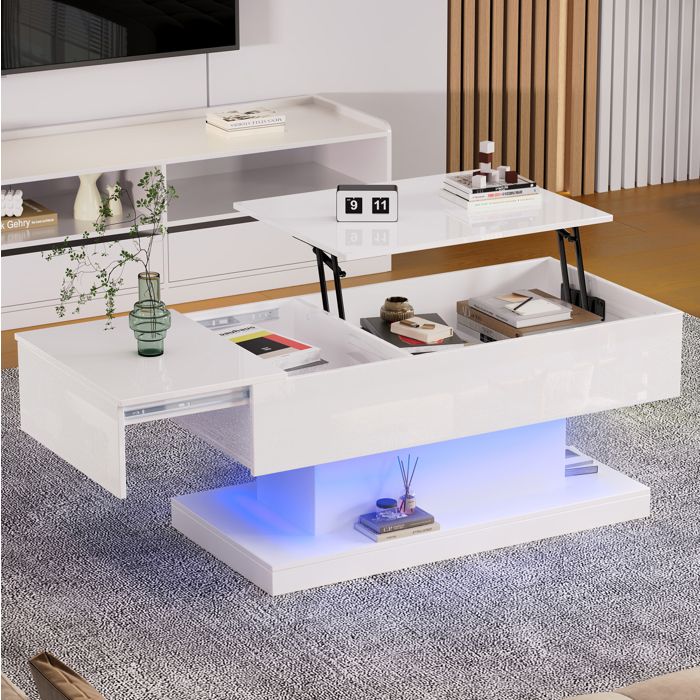 VEVXYN table basse relevable rangement table salon LED plateau coulissant hydraulique 100 x 50 x 45 cm bois blanc brillant