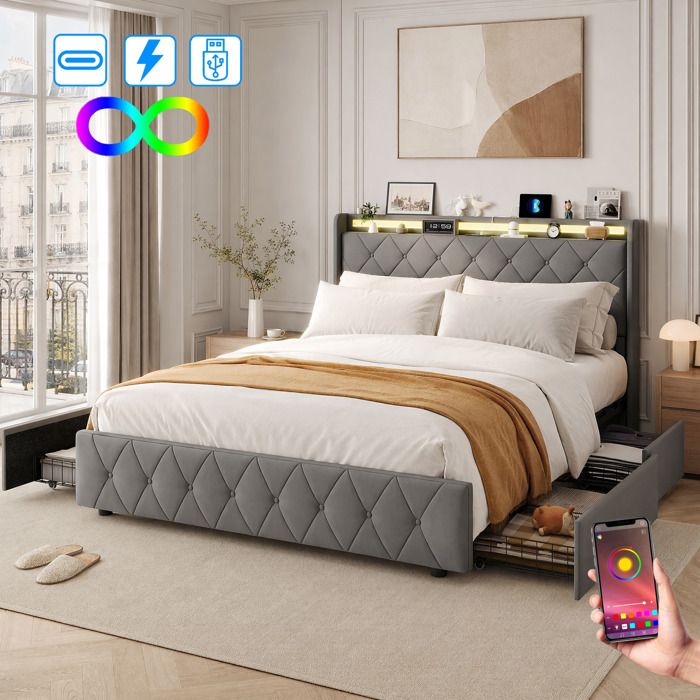 Lit double 140x200 cm avec LED et 4 tiroirs- SORVAGLOS- Cadre de lit 140x200 -Ports USB- Tête de lit avec rangement -Velours -Gris