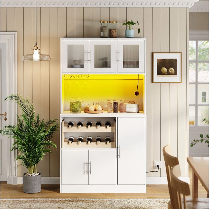 Buffet de Cuisine Haut 6 Portes 1 Niche LED RGB et Bloc Prises - BEAUNIV - Blanc MDF 100×40×180 cm