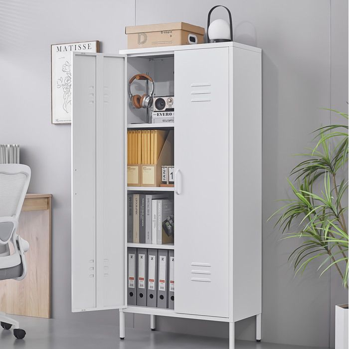 Armoire Metallique Blanche 2 Portes Meuble De Rangement FloraGrace Pour Chambre Bureau Salon 3 Etageres Reglables 70x35x160cm