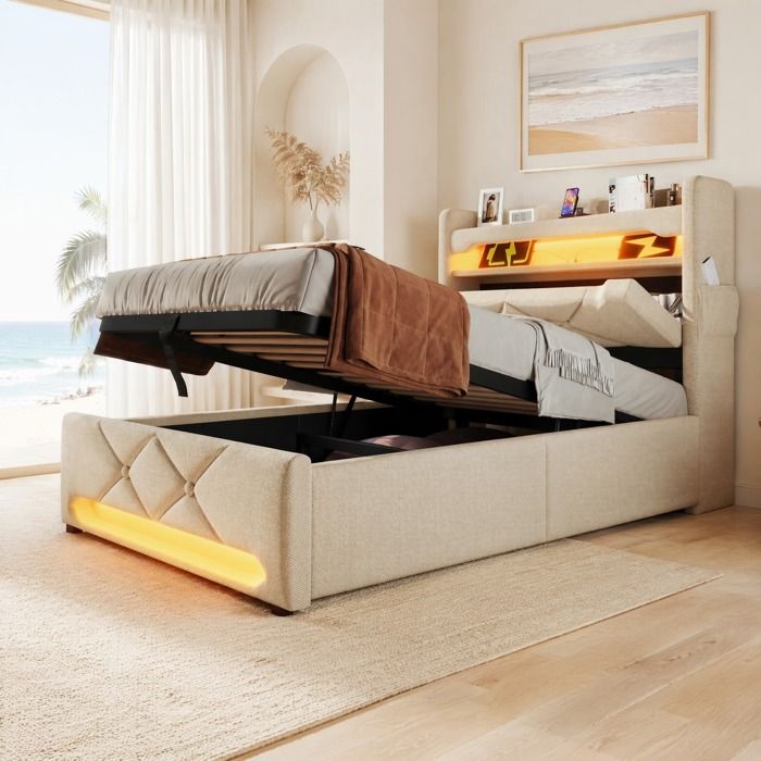 Lit coffre avec matelas - Beige - 90 x 200 cm - LED USB USB-C - Tete de lit