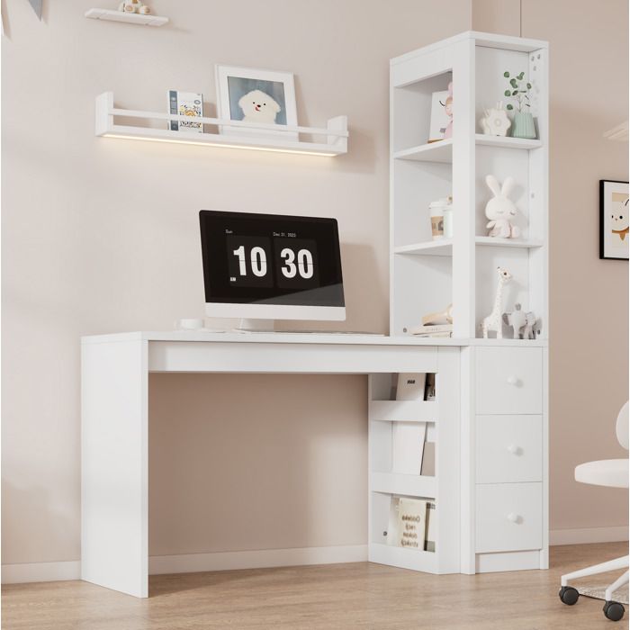 Bureau avec bibliothèque 150x50x180 cm 3 tiroirs rangement latéral plateau large MDF blanc mat ORVRYN