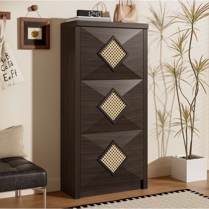 MEULVA Meuble à chaussures vintage 3 portes abattantes aspect bois marron foncé décor rotin 54x25x115 cm