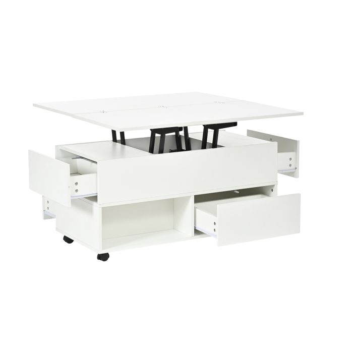 Table basse relevable 3-en-1 avec roulettes 4 tiroirs et fonction repas blanche 100x50x52 cm Table basse relevable 3-en-1 avec roulettes 4 tiroirs et fonction repas blanche 100x50x52 cm