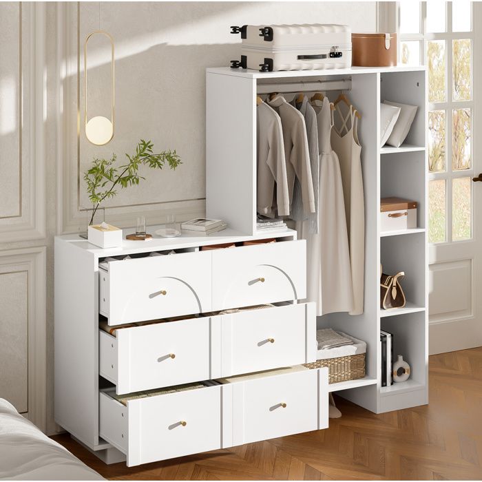 Maisentiel armoire de chambre ouverte 139 x 35 x 133 cm avec tringle 6 tiroirs et étagères latérales blanc