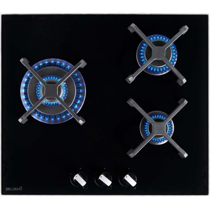 BELDEKO Plaque de cuisson Gaz 3 Foyers 60 cm Verre Noir - Grilles Fonte - Marque Française