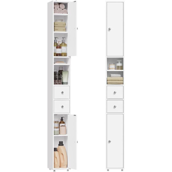 Colonne salle de bain 2 tiroirs 2 portes armoire verticale MDF blanc étagères réglables 20 x 20 x 180 cm
