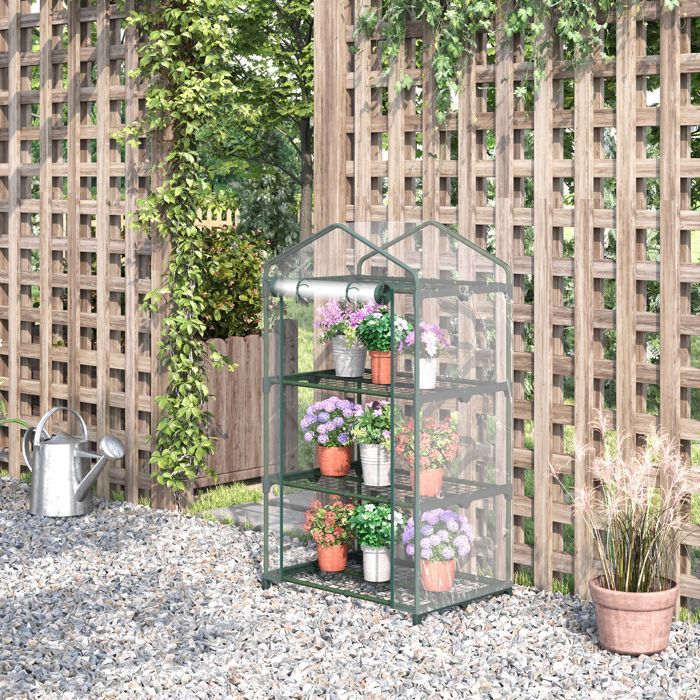 Serre tunnel de jardin porte enroulable avec étagères acier et métal 69 x 49 x 125 cm