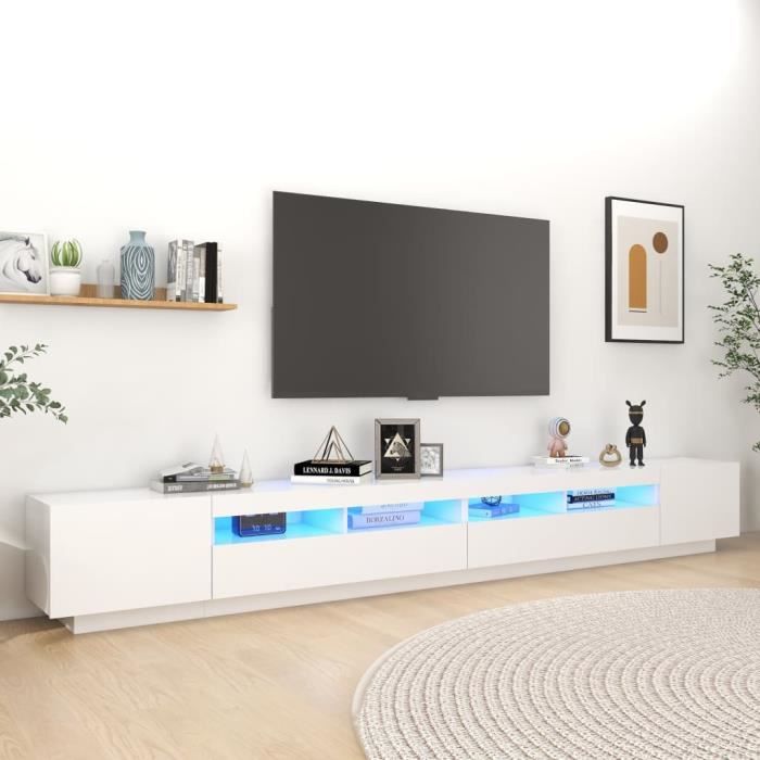Meuble TV - AKOZON - Blanc - 300x35x40 cm - Lumières LED RVB - Design Contemporain