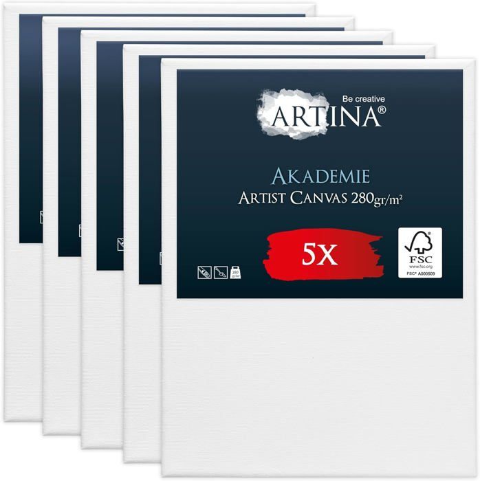 Artina Lot de 5 Toiles à peindre 30x40cm 280g-m² Akademie - Apprêtée 2 fois - Châssis entoilés Certifiés FSC® - Qualité fine