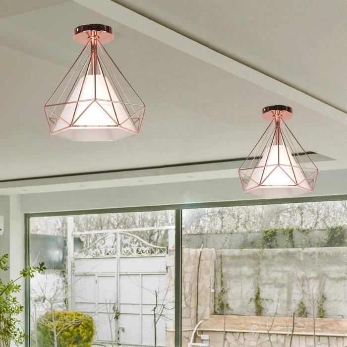 MOGOD 2PCS Plafonnier Cage en Fer Or Rose E27 25CM Lampe de Plafonde style Moderne pour Salon Cuisine