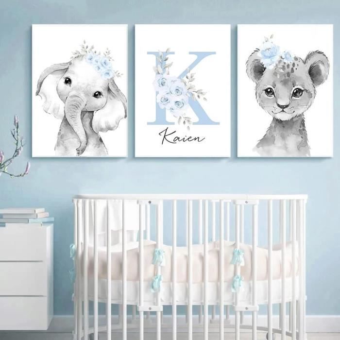 Toile Prenom Chambre Bebe Enfant Garcon Tableau Gris et Bleu Poster  Elephant Lion Fleurs Affiche Personnalisée Bébé Decoration