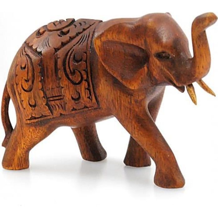 trompe en l'air. Statuette éléphant indien en bois H10cm 