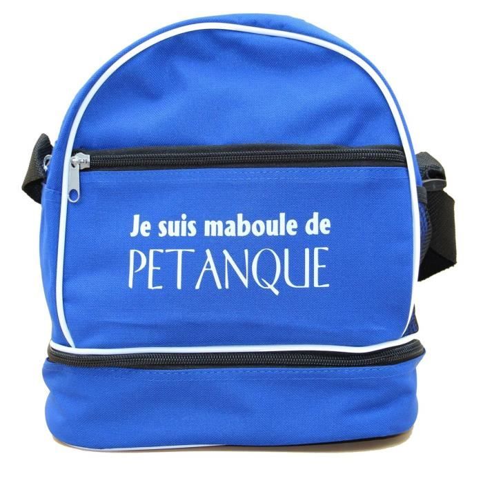 Sac bandoulière - Je suis maboule de pétanque - Bleu - Contient 3 boules - Poche zippée - Mousse de protection