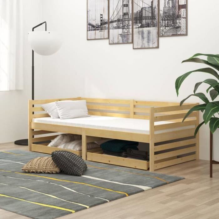 lit avec tiroirs - ingshop - bois de pin massif - 90x200 cm - style campagne