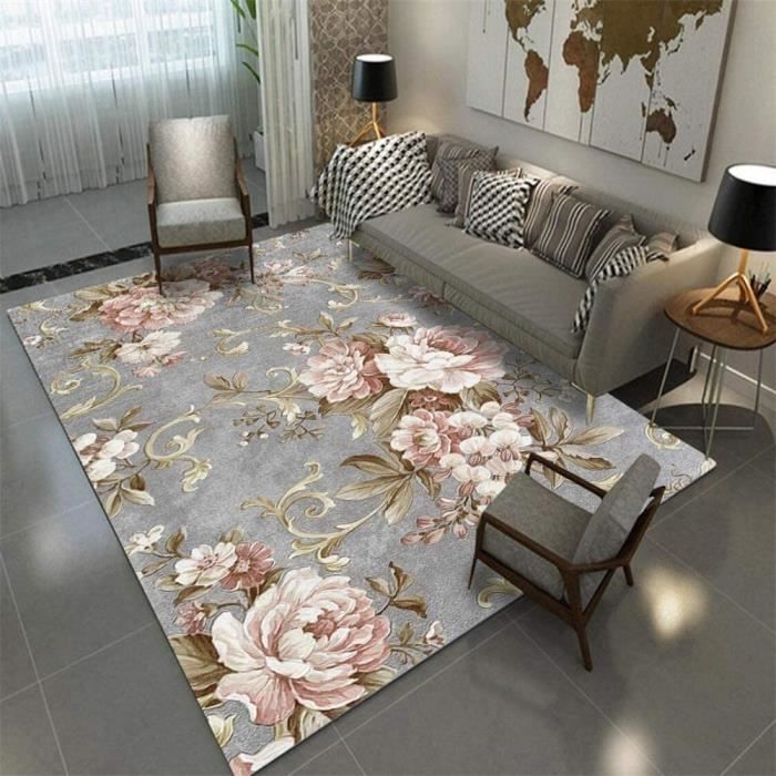 Tapis Chambre Salon Cuisine canapé Tapis décoratifs européen et américain de la Mode Fleur de Jardin Rose Gris Gris 60x90cm[4099]