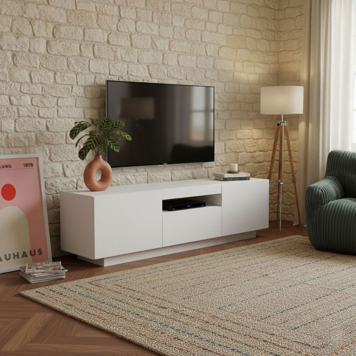 Meuble TV BIRNA blanc mat 3 portes 150cm Meuble TV BIRNA blanc mat 3 portes 150cm