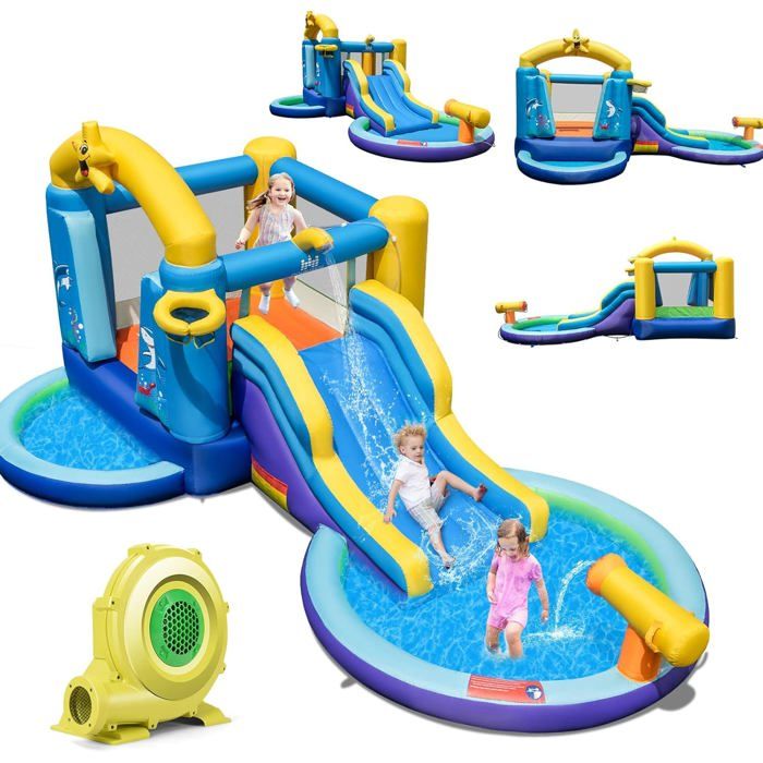 Costway – Château gonflable 330 x 300 x 210 cm – 2 toboggans – Souffleur 580-610W – Charge max 135 kg – Pour enfants 3-10 ans