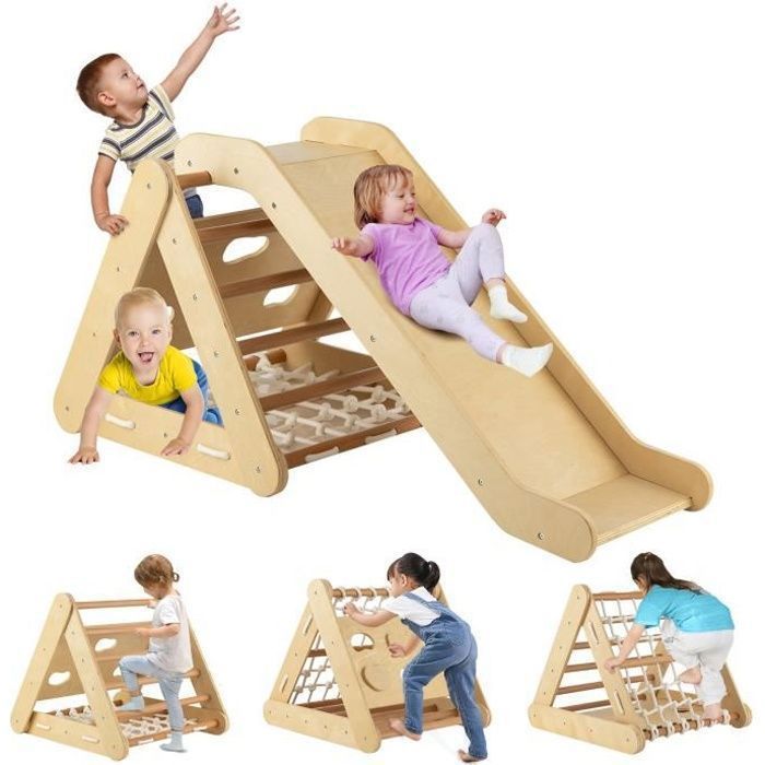 Structure descalade en bois pour enfants DREAMADE 4 en 1 avec filet échelle et toboggan - Naturel