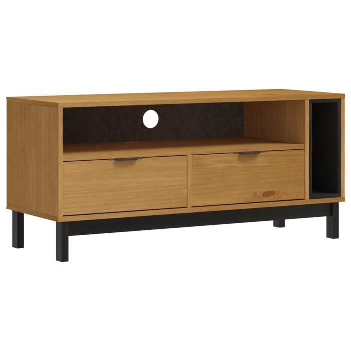 Meuble TV - FYDUN - FLAM - Bois massif de pin - 110x40x50 cm - 2 tiroirs et compartiments ouverts