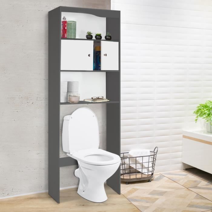 Meuble tag re dessus WC bois coloris gris portes blanches