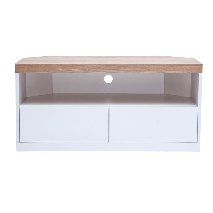meuble tv d'angle blanc et placage frêne - miliboo - max - style scandinave et moderne - niche et tiroirs