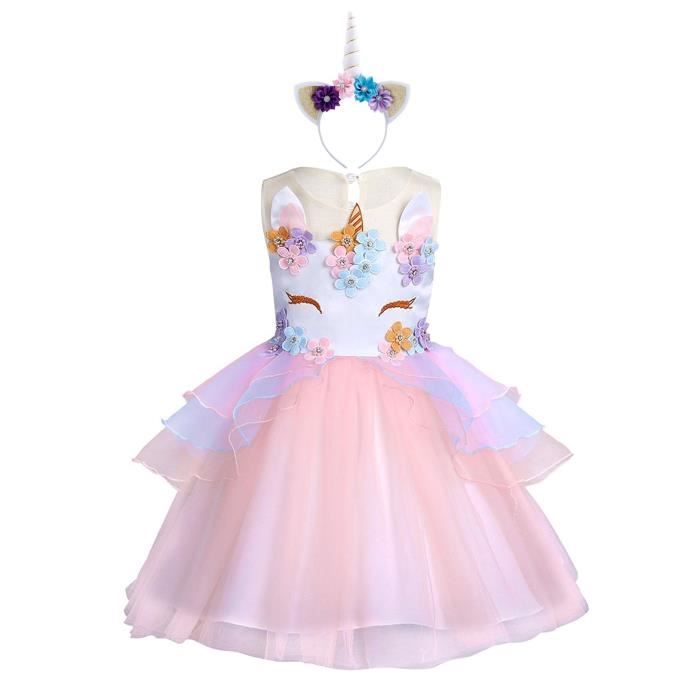 Iwemek Bebe Fille Licorne Deguisement Robe Danniversaire Princesse Enfants Halloween Cosplay Robe Sans Manches En Arc En Ciel Fete De Mariage De Noel Pageant Carnaval Seance Photo Dress Up 1 7 Ans Robes Vetements