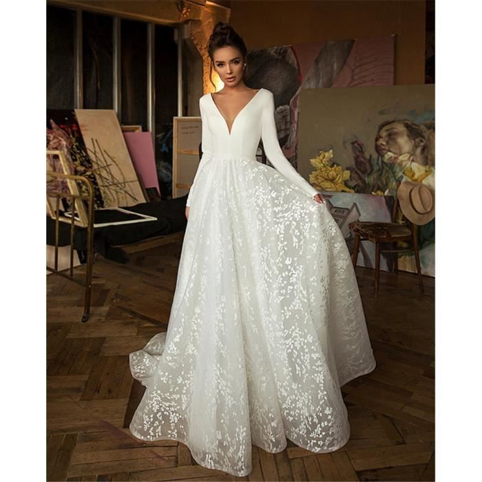 Robe de mariee Nouvelle dentelle Slim Lacets Flocon de neige Queue ombragee Bras sengling Blanc Cdiscount Pret a Porter