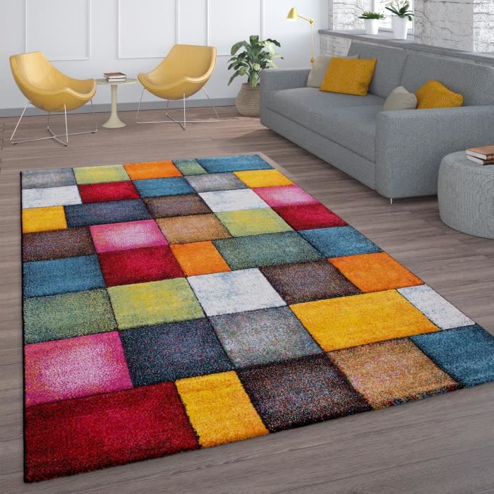 Tapis De Salon Poils Ras Design Carreaux Color Carr Multicolore 