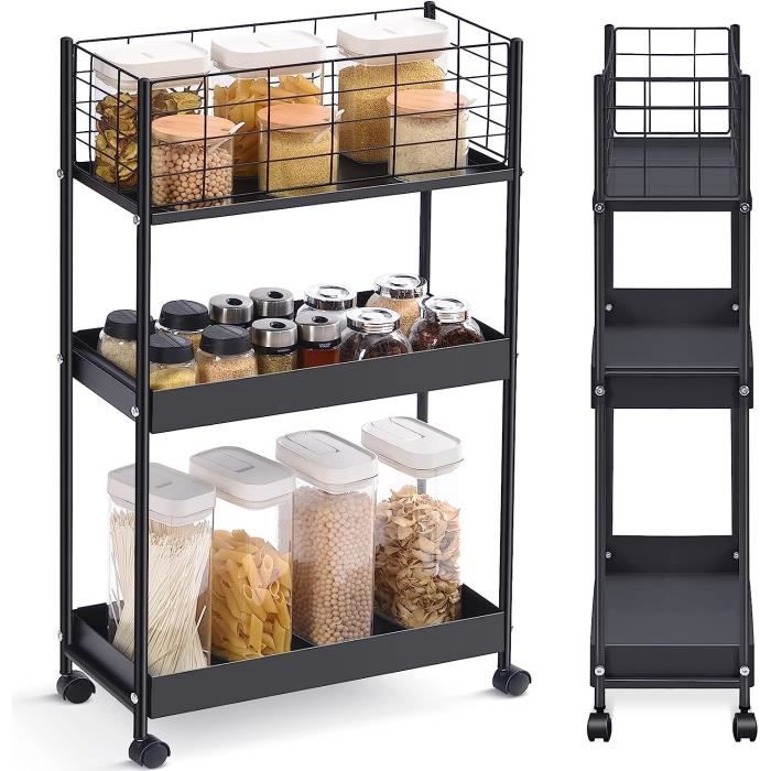 Chariot De Rangement À Roulettes 5 Niveaux En Métal Avec 4 Crochets, Meuble Étroite Pour Cuisine